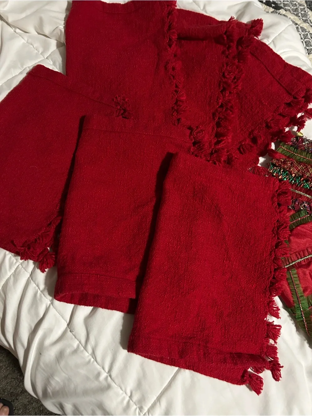 Pier 1 Red and Green Festive Holiday Table Runner with Matching Red Napkins